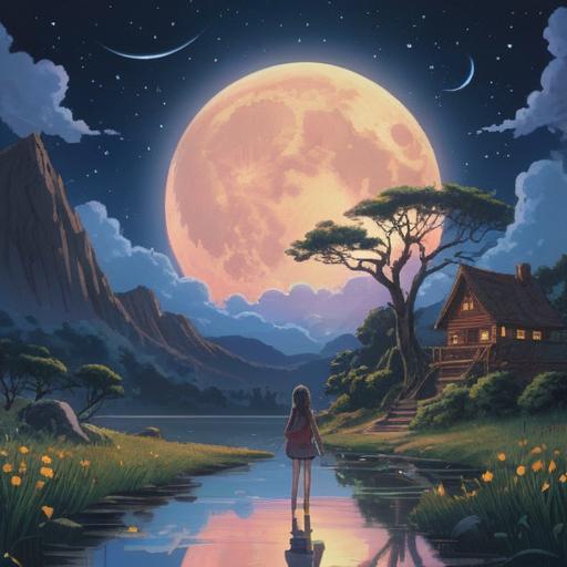 A serene scene capturing the essence of a full moon in Aquarius, a peaceful night sky filled with bright stars, a glowing full moon illuminating a tranquil water surface, people engaging in various lucky activities such as journaling, stargazing, and meditating, surrounded by nature's beauty, soft illumination reflecting on the water, harmony and positivity in the atmosphere, 4k