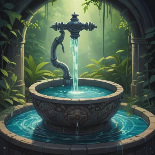 A serene illustration depicting a clear stream of tap water flowing from an ornate faucet, surrounded by glowing ethereal orbs representing purity and clarity, gentle light reflecting off the water's surface, a peaceful ambiance, hints of nature in the background with lush greenery and soft sunlight filtering through, symbolic elements like lotus flowers and sacred geometry, emphasizing the spiritual significance of water as a life-giving force, 4k