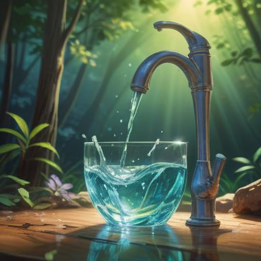A serene scene depicting a gently flowing faucet, crystal clear water cascading into a glass, illuminated by warm sunlight, surrounded by lush greenery, symbolizing purity and spiritual renewal, vibrant reflections on the water surface, peaceful atmosphere, inviting ambiance, 4k