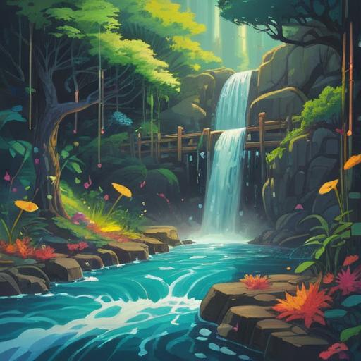 A surreal illustration depicting a vibrant stream of water flowing from a tap, shimmering with bright and colorful energy, symbols of luck like four-leaf clovers and shooting stars floating in the water, a peaceful kitchen setting bathed in sunlight, the reflections creating a magical atmosphere, intricate details highlighting the wonders of everyday life, 4k