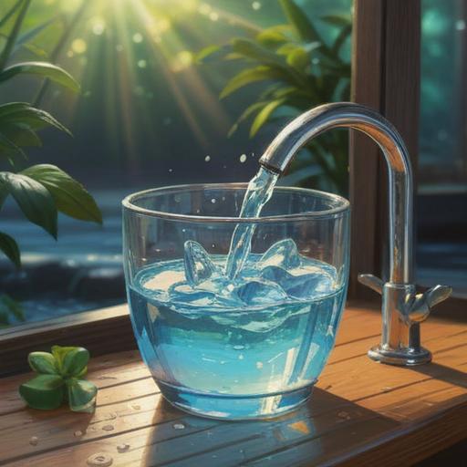 A serene scene depicting a clear water faucet, sparkling sunlight reflecting off water droplets, a glass of fresh drinking water beside it, lush green plants in the background, symbolizing tranquility and well-being, the essence of emotional richness through clean water, peaceful atmosphere, high detail, vibrant colors, 4k