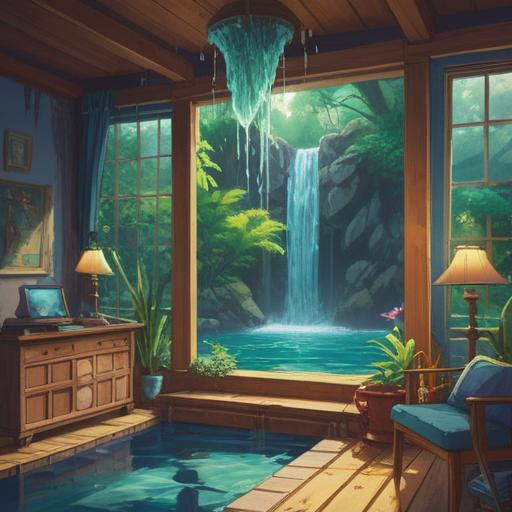 A serene scene depicting a water leak in a peaceful home setting, water cascading gently down a wall, symbolizing emotional release and cleansing, tranquil atmosphere with soft light filtering through, reflections of light on water droplets, a subtle connection to spiritual growth and renewal, intricate details in the water patterns, calming color palette, 4k