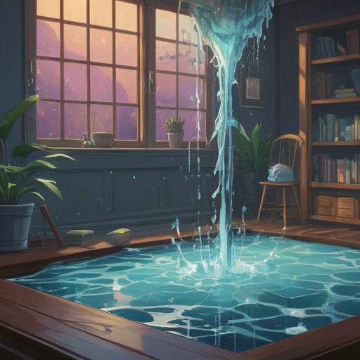 A serene illustration depicting a water leak in a home, soft ethereal light, subtle reflections of water droplets, symbolic imagery representing spiritual signs, such as butterflies and rainbows in the background, contemplative atmosphere, gentle colors, a person looking thoughtfully at the leak, connection to intuition and awareness, 4k