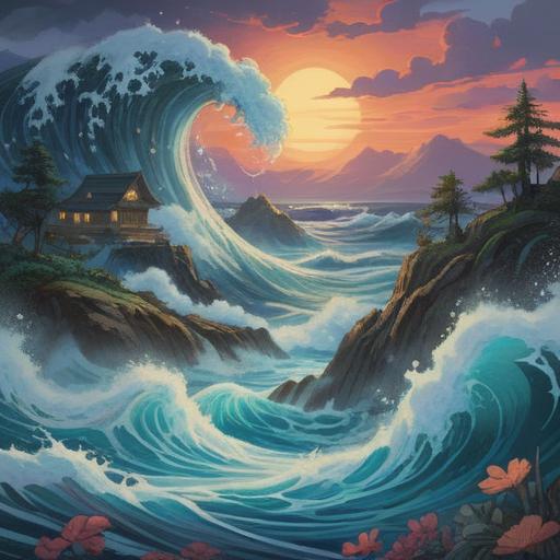 A serene and mystical illustration depicting the water element, flowing waves symbolizing tranquility, ethereal figures representing spiritual beings in harmony with nature, sparkling droplets reflecting light, calming blue and turquoise tones, surrounded by lush greenery and gentle waterfalls, evoking a sense of peace and spiritual connection, 4k