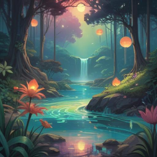 A serene and mystical scene depicting water elements, gentle flowing streams, shimmering reflections, soft glowing orbs representing positive spiritual signs, ethereal light shining through, lush greenery surrounding, tranquil atmosphere, harmonious balance, vibrant blues and greens, 4k
