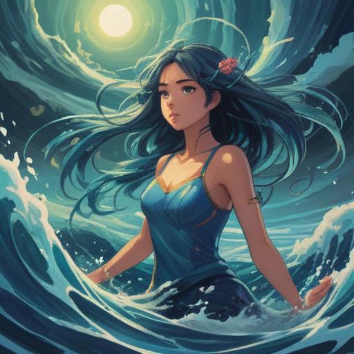 A mystical representation of water-related spiritual signs, flowing waves reflecting light, symbols of intuition and emotions intertwined with aquatic elements, serene and calming atmosphere, ethereal creatures emerging from water, hints of deep reflection and inner peace, 4k