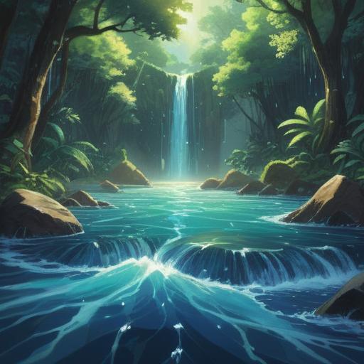A shimmering blue crystal, surrounded by flowing water, radiant light reflecting off its surface, lush greenery in the background, gentle waves caressing the shore, symbols of luck and prosperity engraved on the stone, serene and peaceful atmosphere, vibrant aquatic life nearby, 4k