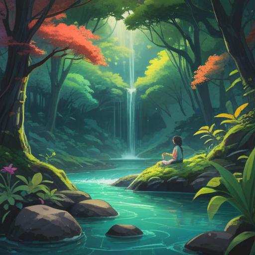 A serene scene depicting water flowing gently through a lush forest, vibrant greenery surrounding a tranquil stream, a person meditating by the water's edge, soft ripples reflecting sunlight, peaceful atmosphere, mindfulness embodied in nature, harmonious connection with water element, calming color palette, 4k