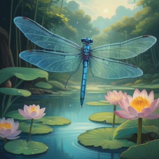 A serene illustration of a light blue dragonfly perched on a lotus flower, surrounded by a calming water landscape, symbolic of transformation and spiritual awakening, glowing softly under the moonlight, intricate details of nature, harmonious color palette, ethereal atmosphere, 4k