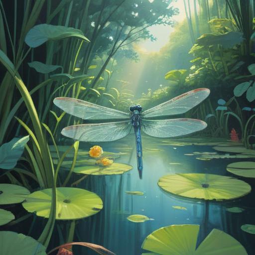 A serene illustration of a light blue dragonfly hovering over a tranquil pond, surrounded by lush greenery, soft rays of sunlight filtering through the trees, evoking a sense of peace and spiritual guidance, detailed natural environment, harmonious colors, uplifting atmosphere, symbolic representation of good signs, 4k