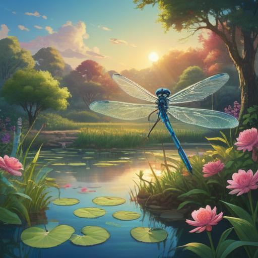 A serene landscape featuring a light blue dragonfly hovering gracefully over a tranquil pond, surrounded by lush greenery and blooming flowers, soft sunlight filtering through the leaves, a sense of peace and spiritual awakening, symbolizing communication from the spirit world, detailed reflections on the water, ethereal atmosphere, 4k