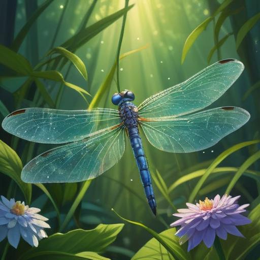 A serene scene depicting a light blue dragonfly resting on a vibrant flower, sunlight filtering through lush green leaves, delicate sparkles representing luck in the air, tranquil water background reflecting the sky, a feeling of hope and positivity, bright colors, enchanting atmosphere, 4k