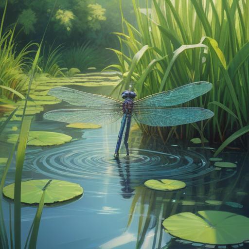 A serene scene featuring a light blue dragonfly hovering above a tranquil pond, gentle ripples on the water surface, vibrant green reeds swaying softly in the breeze, an ethereal glow surrounding the dragonfly, showcasing its energy attraction, bright sunlight filtering through the leaves, peaceful atmosphere, detailed environment, 4k
