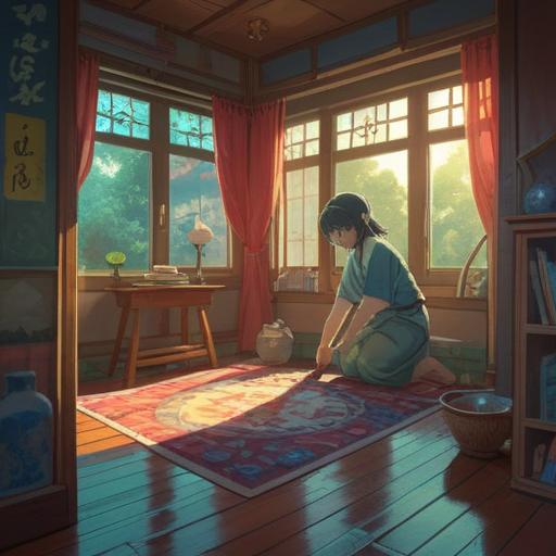 A serene indoor setting, sunlight streaming through a window, a person wiping the floor with a damp cloth, symbols of good fortune such as lucky coins and four-leaf clovers around, fresh and inviting atmosphere, sense of tranquility, bright colors, uplifting energy, 4k