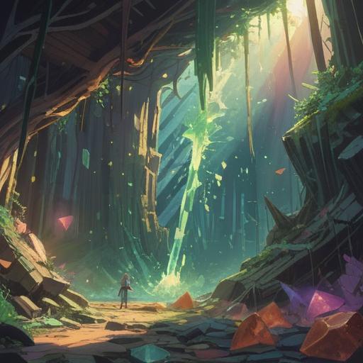 A serene scene of a shattered crystal, sunlight filtering through fragments, vibrant colors reflecting off surfaces, a hand reaching towards the pieces, symbols of good luck surrounding, a gentle aura of positive energy, natural elements like plants and flowers, peaceful atmosphere, 4k