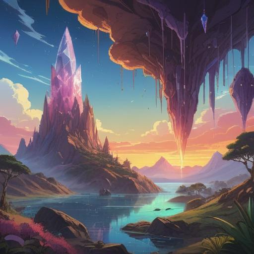 A stunning illustration of a crystal symbolizing a new beginning, surrounded by vibrant energy and light, featuring a serene landscape in the background, lush greenery, a gentle stream flowing nearby, a person peacefully meditating with an expression of hope, sparkling effects emanating from the crystal, conveying luck and positivity, 4k