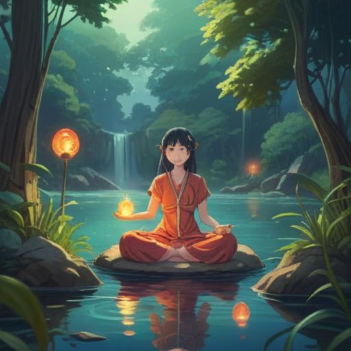 A serene illustration of a tranquil water ritual, a figure meditating by a shimmering lake, surrounded by lush greenery, mystical light reflecting on the water surface, symbols of spirituality and enlightenment, gentle ripples in the water, peaceful atmosphere, harmonious connection with nature, 4k