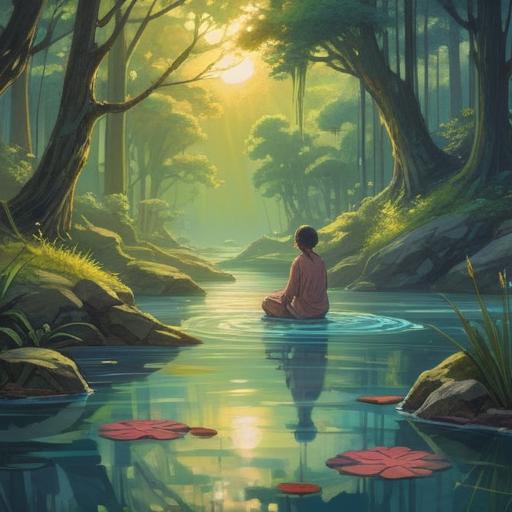 A serene landscape depicting a tranquil water ritual, gentle flowing water reflecting sunlight, people engaged in meditation by the water's edge, symbols of spirituality like lotus flowers and incense, vibrant greenery surrounding the scene, a sense of peace and harmony, soft glimmers of light signifying positive energy, 4k