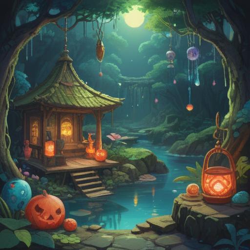 A serene scene depicting lucky items that aid in positive transformation after a water ritual, various colorful talismans and charms scattered around, soft light reflecting off the water, tranquil nature setting, clear blue sky, gentle ripples in the water, symbols of luck and prosperity, harmonious colors, inviting atmosphere, 4k