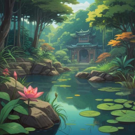 A serene illustration depicting personal growth after a cleansing ritual, a tranquil setting with water elements, lush greenery surrounding a peaceful pond, a figure meditating by the water's edge, soft morning light illuminating the scene, symbols of transformation and renewal, vibrant colors reflecting a sense of tranquility and balance, 4k