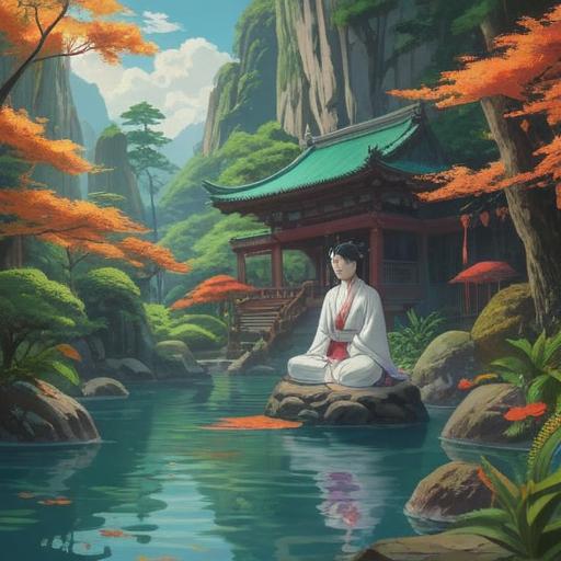 A serene representation of Mizuma Kannon, surrounded by lush greenery and tranquil waters, embodying spiritual peace and enlightenment, a figure radiating compassion and wisdom, symbols of Japanese culture, gentle light illuminating the scene, harmonious atmosphere, intricate detailing in the robes and nature, evoking a sense of calm and reverence, 4k