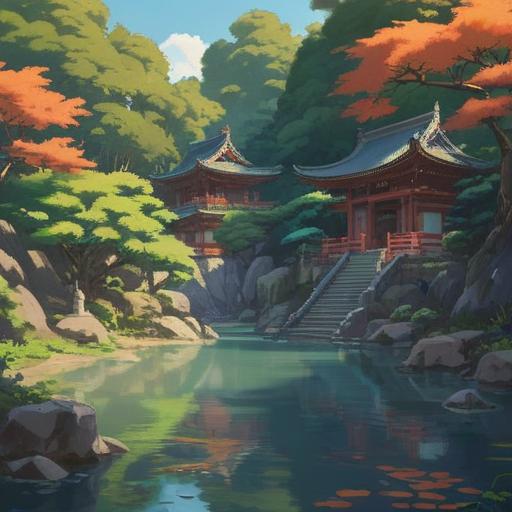 A tranquil scene at Mizuma Kannon Temple, serene atmosphere, gentle flowing water, lush greenery surrounding the temple, soft sunlight filtering through trees, subtle spiritual symbols in the air, ethereal light aura, meditative mood, inviting pathways leading to the shrine, clear blue sky, 4k