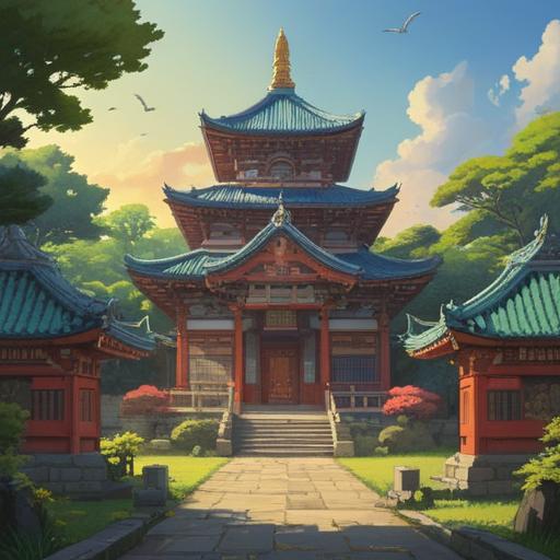 A serene scene depicting a visitor at Mizuma Kannon Temple, surrounded by lush greenery and traditional architecture, capturing a moment of reflection after receiving a lucky charm, gentle sunlight filtering through the trees, a sense of peace and fortune, vibrant colors, tranquil atmosphere, detailed textures, 4k