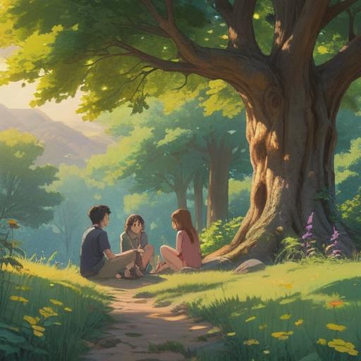 A serene scene of friends enjoying a quiet moment together, warm sunlight filtering through the trees, laughter and conversations in the air, a picnic spread on a grassy hill, gentle breeze, cozy blankets, nostalgic smiles, capturing the essence of togetherness, 4k