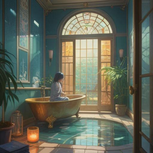 A serene and tranquil bathroom scene, gentle sunlight filtering through frosted glass, a person meditating while surrounded by clean, sparkling fixtures, water flowing smoothly from a pristine faucet, peaceful ambiance, symbols of purification and renewal, nature-inspired decor, harmonious colors, representing spiritual cleansing, 4k