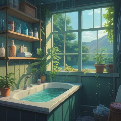 A serene and tranquil scene depicting a clean bathroom, sparkling water fixtures, soothing light filtering through a window, gentle reflections and soft shadows, symbols of good fortune and spiritual cleansing, harmonious colors, peaceful ambiance, hints of natural elements like plants, 4k