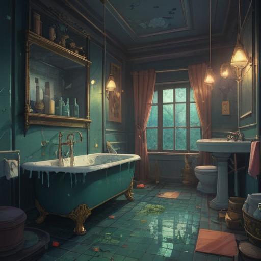 A mystical illustration depicting signs of neglect in bathroom cleaning, dark energy emerging from the corners, ethereal shadows swimming in stagnant water, ghostly figures manifesting in dirt-ridden surfaces, a sense of unease and tension, captivating details in the moisture-laden environment, vibrant yet eerie colors, an otherworldly atmosphere, hauntingly beautiful visual narrative, 4k