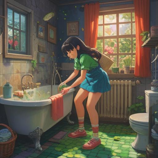 A vibrant scene of a person cleaning a bathroom, various lucky items like four-leaf clovers and lucky charms appearing around, sparkling water droplets, cheerful expression, bright lighting, magical atmosphere, detailed cleaning supplies, warm and inviting colors, 4k