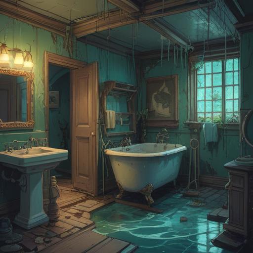 A mystical illustration depicting a water-damaged bathroom, symbolic representation of emotional turmoil, water flowing chaotically, broken pipes reflecting inner struggles, surreal atmosphere, hidden meanings emerging from the water, ethereal light illuminating the scene, enchanting details, vibrant colors, 4k