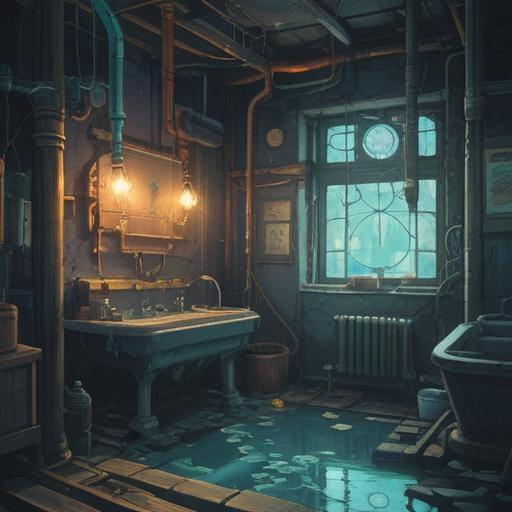 A mystical illustration depicting a broken plumbing system surrounded by glowing symbols, soft water reflections, ethereal light emanating from the cracks, serene ambiance, spiritual energy flowing through the scene, nature intertwined with machinery, vibrant colors, harmonious balance between technology and spirituality, 4k