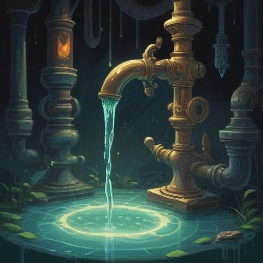 A mystical scene depicting spiritual signs when experiencing plumbing issues, a glowing water faucet with ethereal light, reflective surfaces showing hidden messages, symbols of abundance and flow, nature elements intertwining with plumbing parts, serene colors, a sense of awakening and intuition, 4k