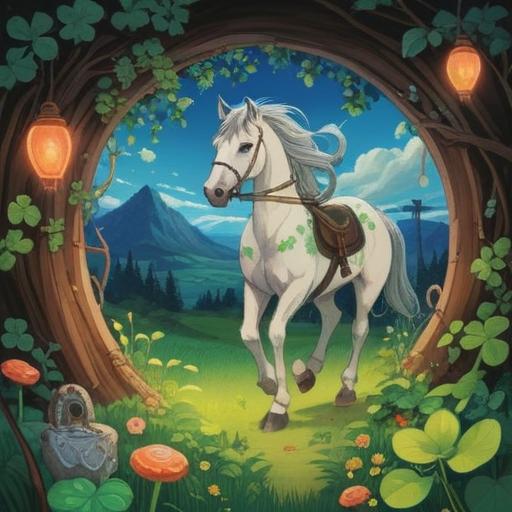 A serene and uplifting illustration of various lucky items, such as four-leaf clovers, horseshoes, and good luck charms, arranged harmoniously, bright colors, soft lighting, peaceful ambiance, a person meditating in the background, surrounded by nature, tranquil setting, inspirational and positive vibe, 4k