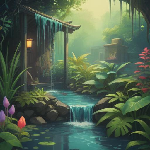 A serene and symbolic illustration of water repair, depicting a harmonious blend of natural elements, a flowing faucet surrounded by blooming plants, gentle sunlight filtering through leaves, a calm atmosphere representing spiritual renewal, water droplets shimmering like blessings, an aura of positivity and hope, 4k