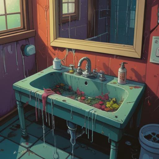 A mystical and eerie illustration of a broken bathroom sink, dripping water creating ominous shadows, ghostly figures subtly emerging from the plumbing, dark colors and surreal imagery, spiritual symbols lurking in the corners, an unsettling atmosphere, detailed textures and reflections, 4k