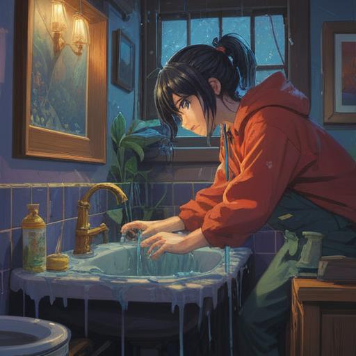 A vibrant illustration of a person fixing a leaky faucet in a cozy bathroom, surrounded by splashes of water, a magical glow emanating from the repaired faucet, lucky charms hanging on the wall, a sense of accomplishment, warm sunlight streaming through the window, colorful tiles, detailed tools scattered around, whimsical elements of luck, 4k