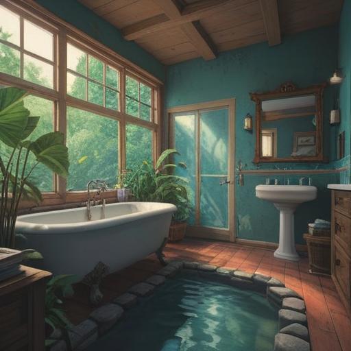 A serene image of a peaceful home environment, showcasing a beautifully repaired bathroom with flowing water, natural light coming through the window, plants enhancing the ambiance, harmonious colors promoting tranquility, symbols of Feng Shui such as water elements and proper space arrangement, a calming atmosphere, a sense of balance and relaxation, 4k