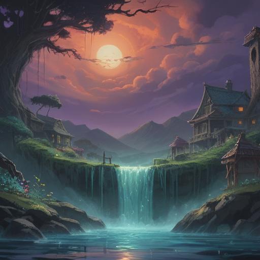 A mystical scene depicting water-related issues, symbolizing spiritual turmoil, dark clouds and flowing water representing emotional distress, a broken faucet releasing droplets, warm light illuminating a shadowy figure in reflection, ethereal energy flowing around, conveying a sense of healing and transformation, detailed elements of nature interacting with water, 4k