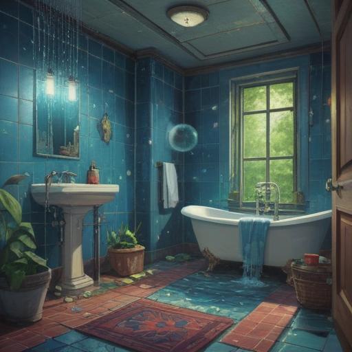 A mystical scene depicting a water leak in a serene bathroom, soft light illuminating water droplets, subtle reflections on tile surfaces, a sense of tranquility and renewal, plants thriving in a humid environment, symbols of good fortune emerging amidst the water, peaceful atmosphere, harmonious connection to nature, dreamlike quality, 4k