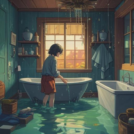 A mysterious scene depicting a person discovering water damage in a bathroom, subtle spiritual elements like glowing orbs and wispy shadows, an eerie yet intriguing ambiance, hints of urgency on the person's face, reflections of water droplets symbolizing emotional release, various household items displaced to show disruption, intricate details in the water flow, soft lighting enhancing the mood, symbolic representations of spiritual warning signs, 4k