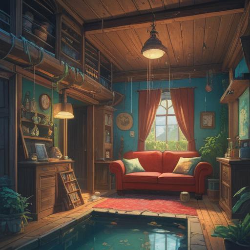 A vibrant illustration of a bright and charming living space, featuring a water-damaged wall being repaired, magical lucky items like a four-leaf clover and a horseshoe placed prominently, sunlight pouring in through a window, showcasing a sense of hope and renewal, cheerful colors, inviting atmosphere, 4k