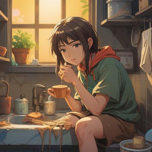 A serene and comforting scene depicting a person sitting by a broken sink, holding a cup of warm tea, gentle sunlight streaming through the window, supportive friends nearby offering reassuring words, soft pastel colors, conveying warmth and hope, a sense of resilience and community support, peaceful environment, 4k