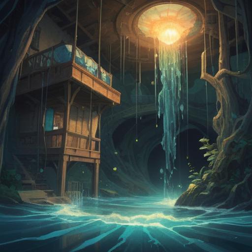 A mystical scene depicting a clogged sink, water overflowing, symbolic of emotional blockage, ethereal light illuminating the water, hidden spirits swirling amongst the bubbles, a feeling of tension and release, metaphorical connection between the physical and spiritual realms, serene background with plants and natural elements, vibrant colors, surreal atmosphere, 4k