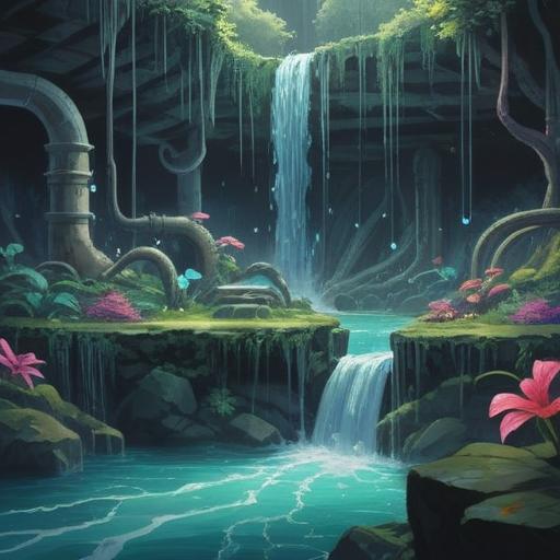 A mystical representation of plumbing issues symbolizing spiritual signs, water flowing steadily despite blockages, vibrant colors illustrating the contrast between chaos and harmony, a serene figure meditating near the waters, ethereal light glowing around, nature elements intertwined with the plumbing, reflection of water and spirit, 4k