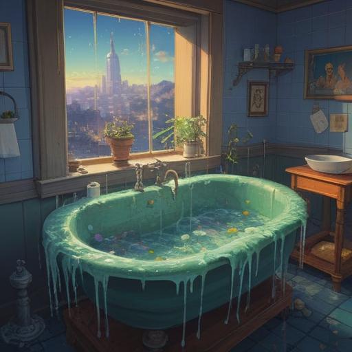 A mystical illustration of a bathroom sink overflowing with water, ethereal light illuminating the area, symbolic images like clogged pipes representing spiritual blockage, subtle hints of water creatures lurking, a sense of urgency and hidden messages, enchanted atmosphere, intricate details reflecting spirituality, 4k