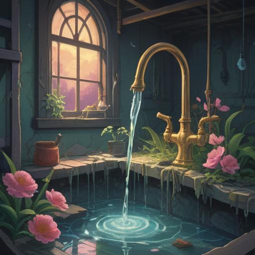 A surreal illustration depicting a broken faucet with water flowing mysteriously, ethereal light surrounding the scene, symbolic elements representing transformation and emotional release, vibrant colors, dreamlike atmosphere, abstract patterns in the water, rich textures, conveying a sense of spiritual awakening, 4k
