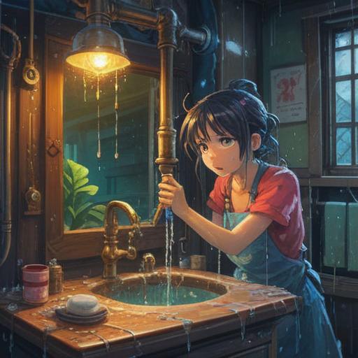 A serene and mystical scene depicting a plumbing repair in a bright bathroom, water flowing gently from a faucet, glimmering droplets reflecting light, symbols of spiritual guidance subtly integrated into the background, peaceful ambiance, hints of nature like plants and sunlight streaming in, suggesting transformation and renewal, harmonious colors, ethereal vibes, 4k